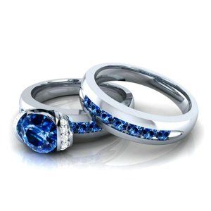 New Splendid 925 Silver Blue Sapphire Diamond 2pc Set
